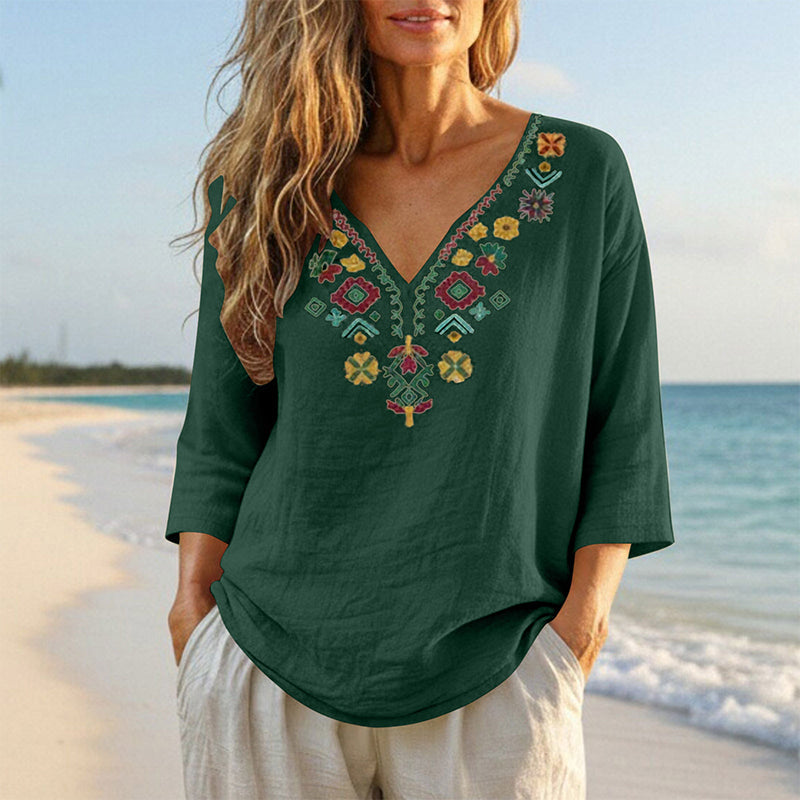 Vintage-top med blommig brodyr och V-ringning för damer