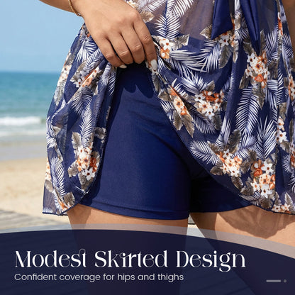 👙 50 % RABATT NU! 🌊 2-delad baddräktsset i stora storlekar med magformande effekt – rynkad front, diskret kjol & öppen rygg – perfekt för självförtroende vid poolen ☀️