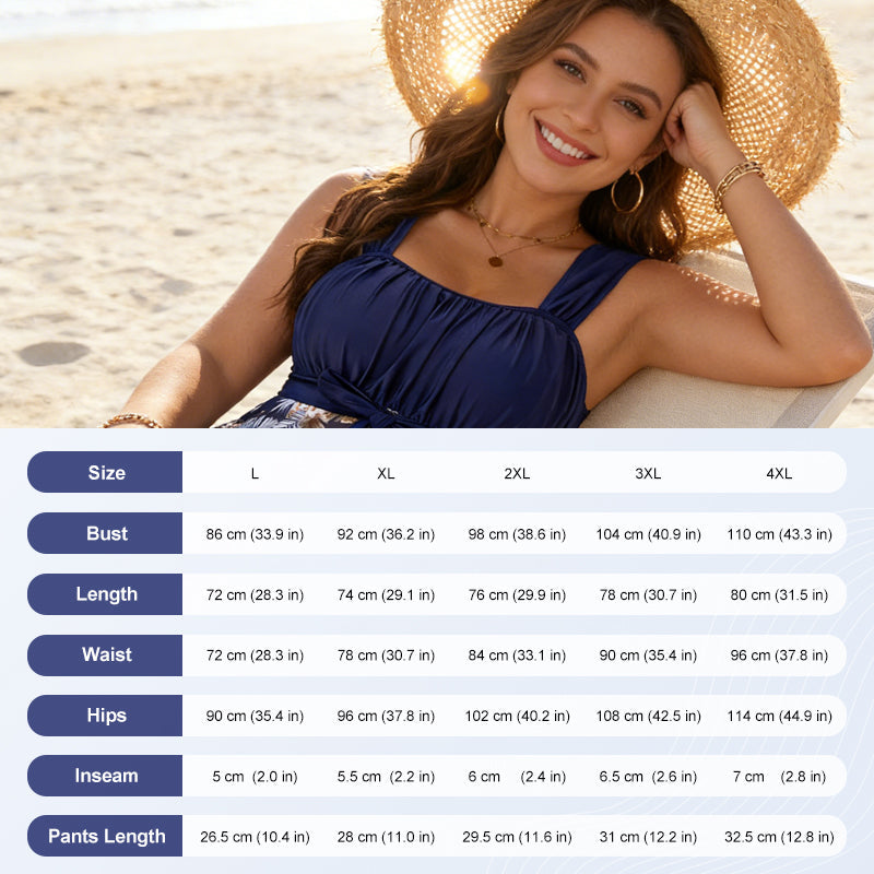 👙 50 % RABATT NU! 🌊 2-delad baddräktsset i stora storlekar med magformande effekt – rynkad front, diskret kjol & öppen rygg – perfekt för självförtroende vid poolen ☀️