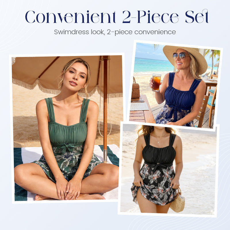 👙 50 % RABATT NU! 🌊 2-delad baddräktsset i stora storlekar med magformande effekt – rynkad front, diskret kjol & öppen rygg – perfekt för självförtroende vid poolen ☀️