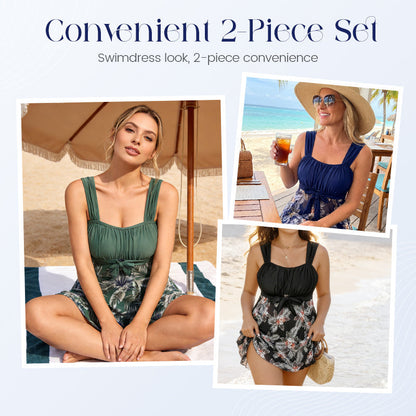👙 50 % RABATT NU! 🌊 2-delad baddräktsset i stora storlekar med magformande effekt – rynkad front, diskret kjol & öppen rygg – perfekt för självförtroende vid poolen ☀️