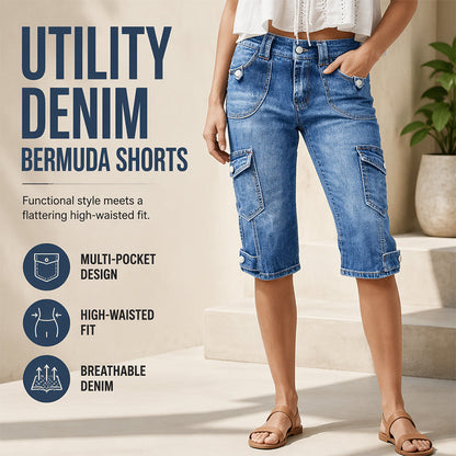 Knälånga cargoshorts i denim för damer, med fickor