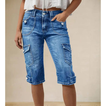 Knälånga cargoshorts i denim för damer, med fickor