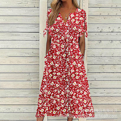 ☀️👗Vårt bästa val – Avslappnad midiklänning med blommönster och V-ringning – mjukt fall och romantiskt mönster