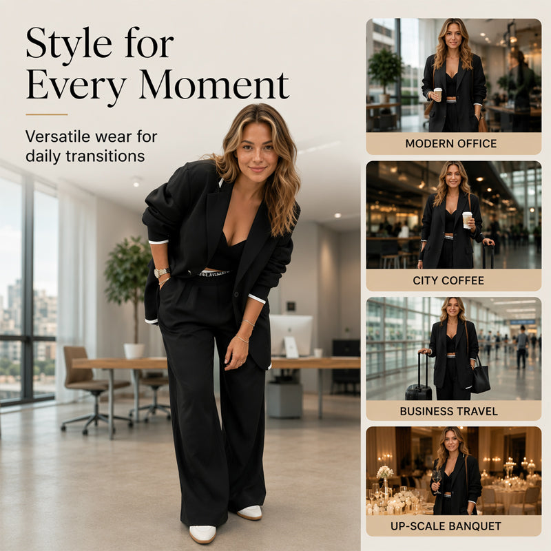 Set med elegant damblazer och byxor med vida ben