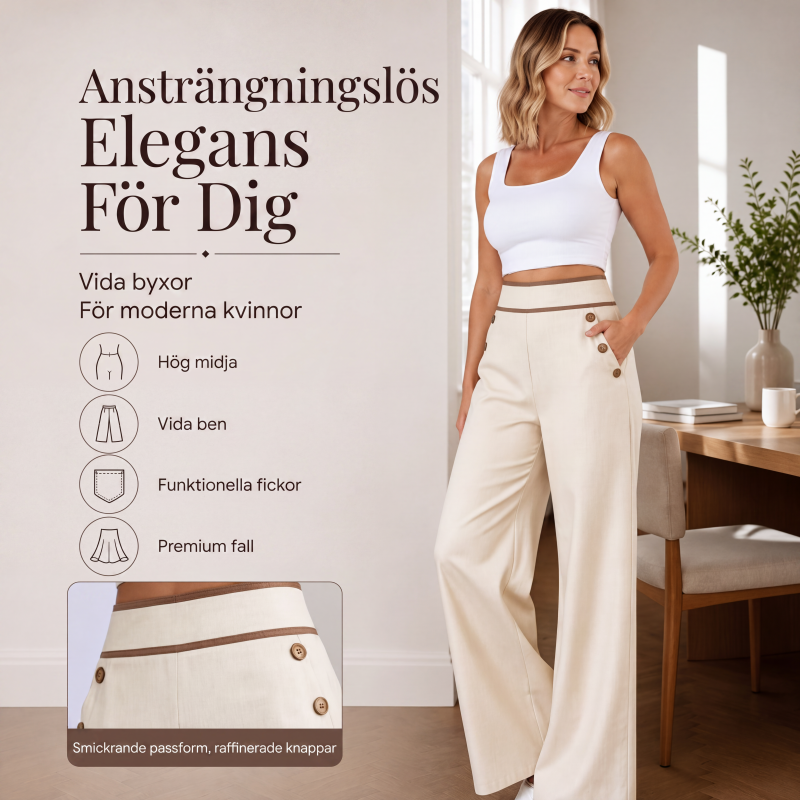 Damens högmidjade vida byxor med kontrastkant
