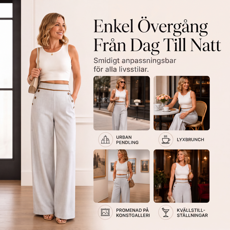 Damens högmidjade vida byxor med kontrastkant