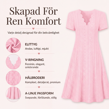 👗Vårt bästa val – Klänning med V-ringning och hålbroderi samt vågig kant – Lätt och romantisk för trädgårdsfester eller brunch 🌿