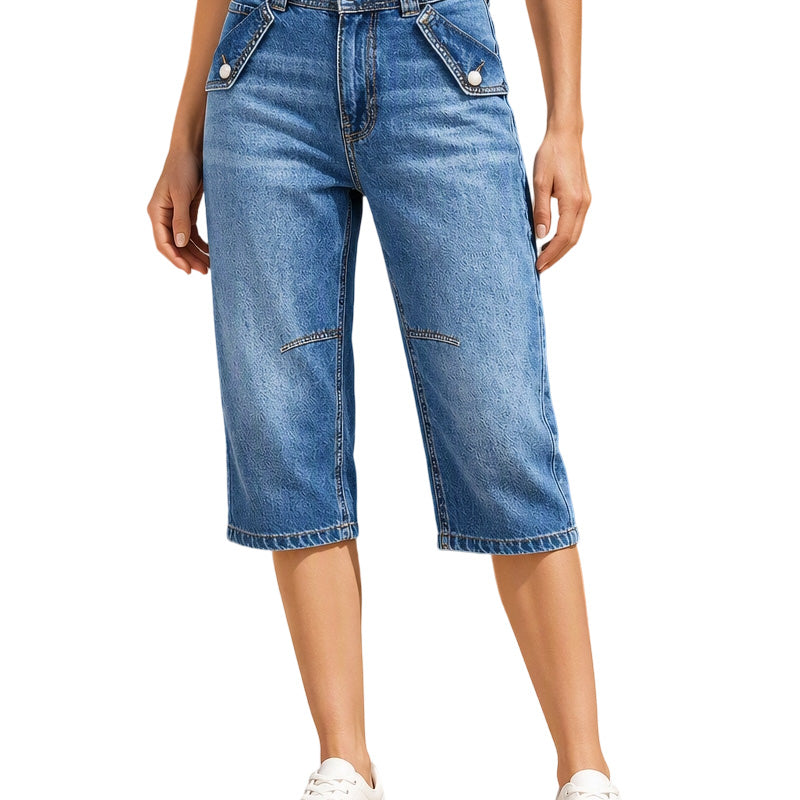 Kvinnors högmidjade knälånga jeansshorts