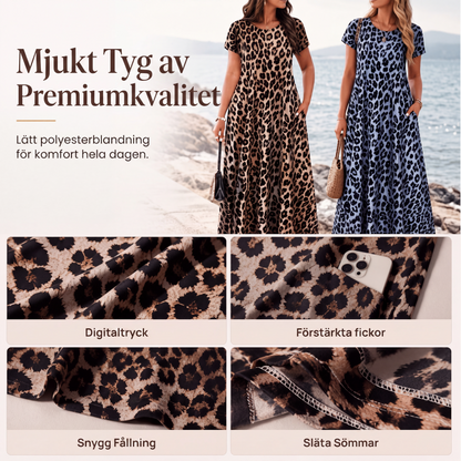 Damernas leopardmönstrade maxiklänning med fickor, ledig långklänning med korta ärmar