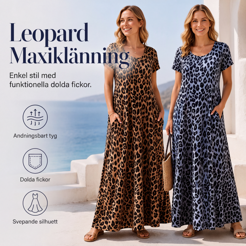 Damernas leopardmönstrade maxiklänning med fickor, ledig långklänning med korta ärmar