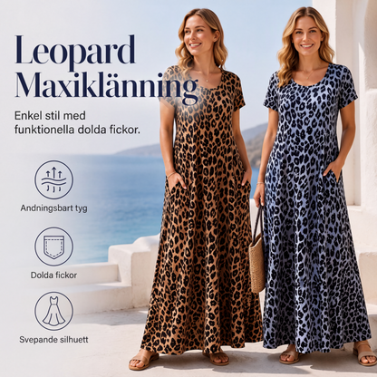 Damernas leopardmönstrade maxiklänning med fickor, ledig långklänning med korta ärmar