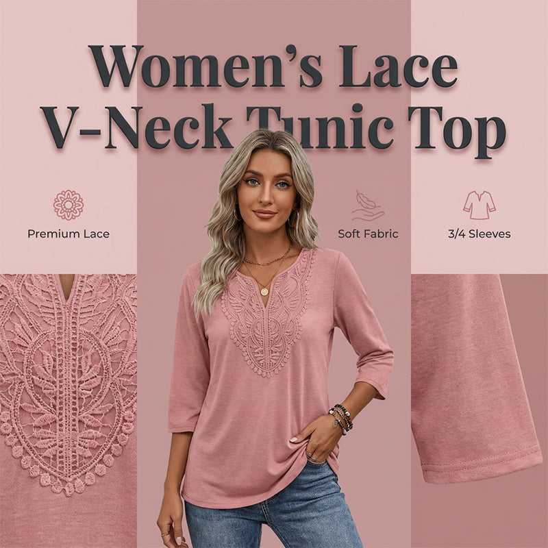 ☀️👚Vårt bästa val – Blus med V-ringning och spetsdetaljer – Andningsbart tyg och smickrande passform, perfekt både på jobbet och på helgen 🌿
