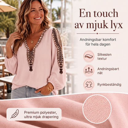 Damtopp med V-ringning, långa ärmar och 3D-tryck
