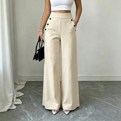 Bästsäljare🔥 👖 Högmidjade vida byxor med sidoknappar – bekväm och elegant för vardagen