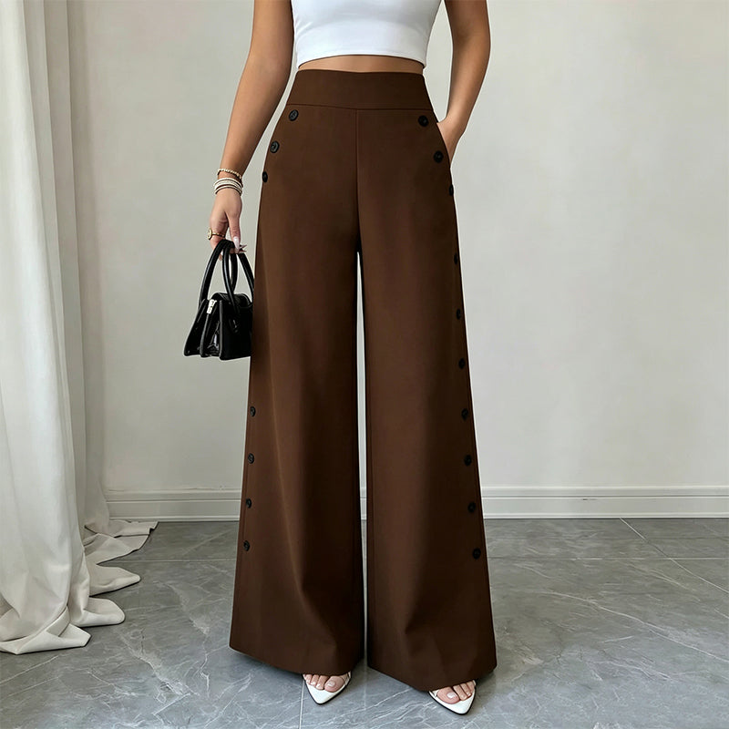 Bästsäljare🔥 👖 Högmidjade vida byxor med sidoknappar – bekväm och elegant för vardagen