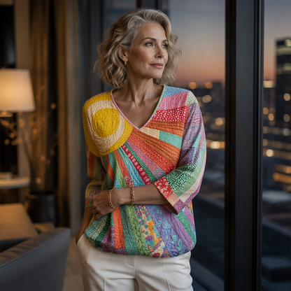 Kvinnors retro blus med lapptäckning och V-ringning