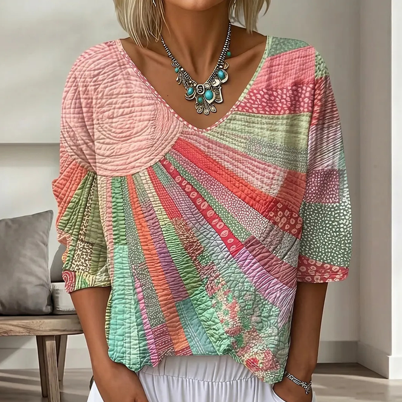 Kvinnors retro blus med lapptäckning och V-ringning