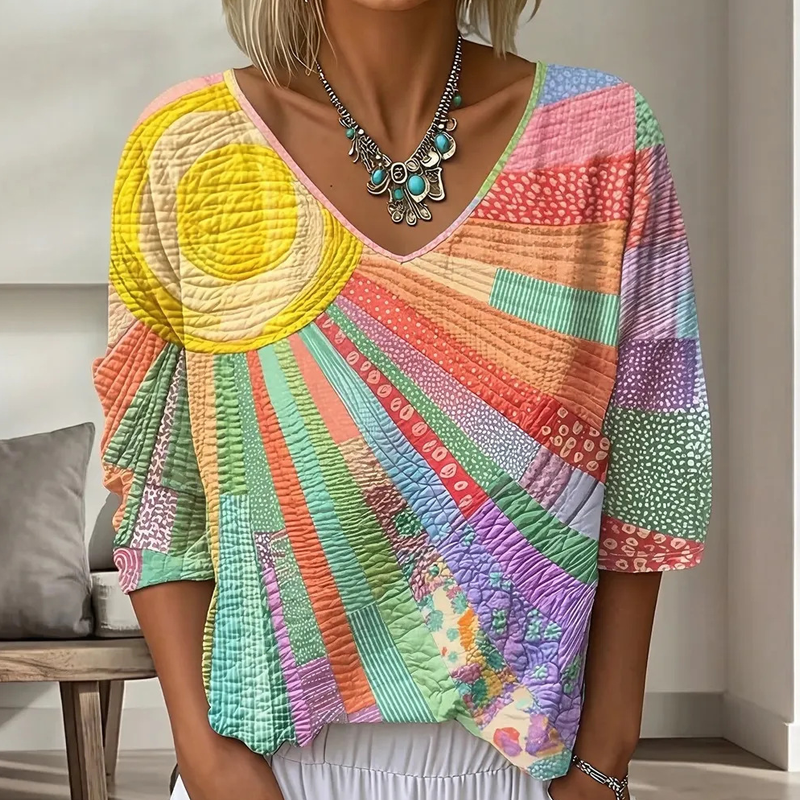 Kvinnors retro blus med lapptäckning och V-ringning