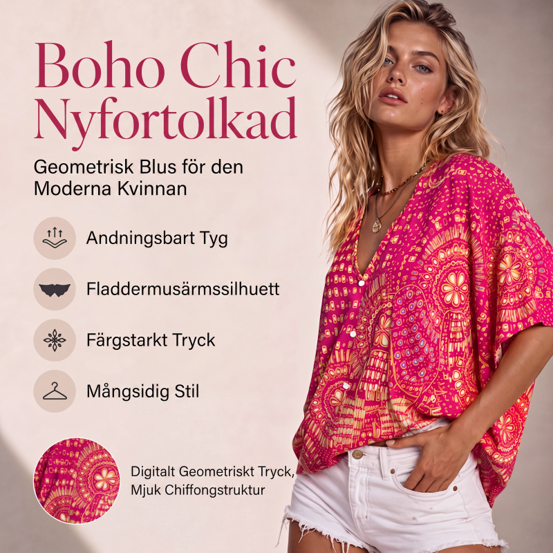 Damtopp med V-ringning, boho-tryck och fladdermusärmar