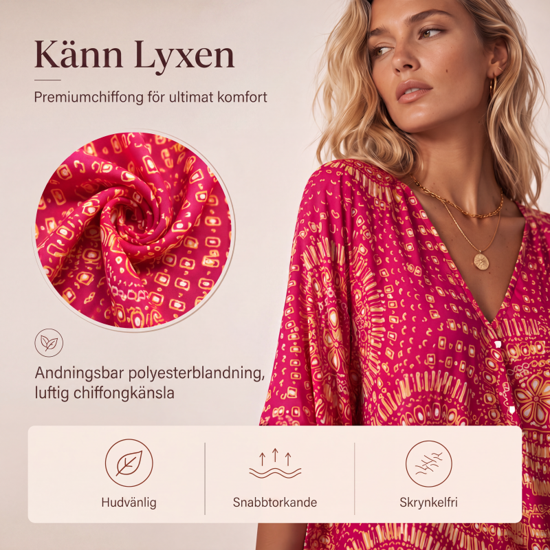 Damtopp med V-ringning, boho-tryck och fladdermusärmar