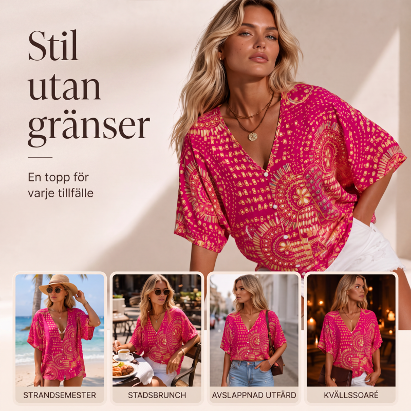 Damtopp med V-ringning, boho-tryck och fladdermusärmar