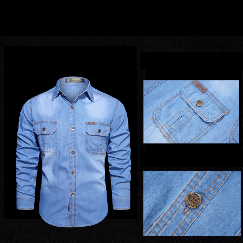Herr ledig långärmad denimskjorta