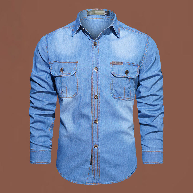 Herr ledig långärmad denimskjorta