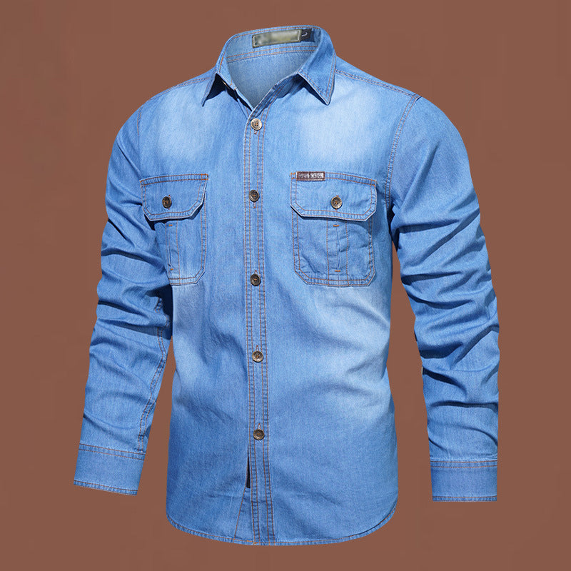 Herr ledig långärmad denimskjorta