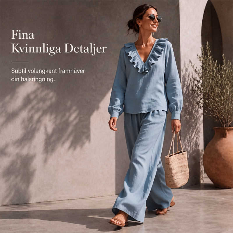 Kvinnors 2-delad set i resort-stil med V-ringning, löst sittande långärmad topp och vida byxor