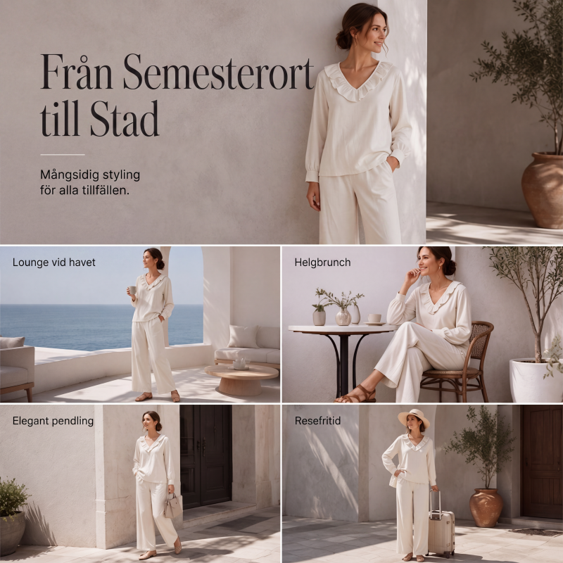 Kvinnors 2-delad set i resort-stil med V-ringning, löst sittande långärmad topp och vida byxor