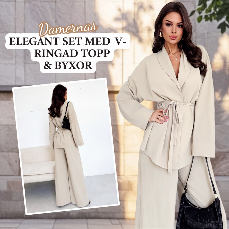 Elegant 2-delad set för kvinnor med V-ringad topp och vida byxor