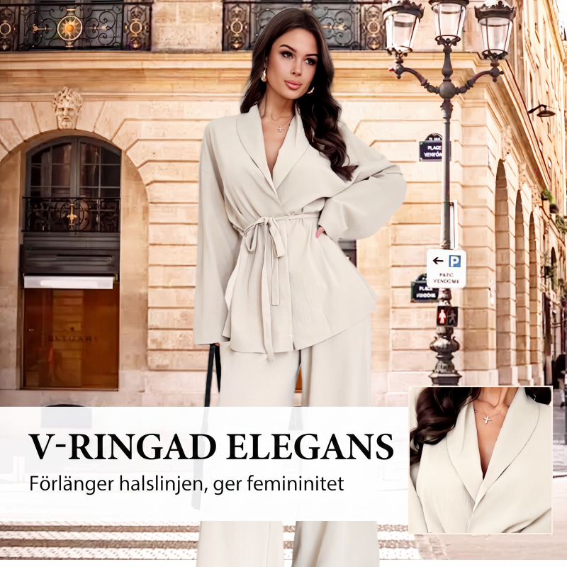 Elegant 2-delad set för kvinnor med V-ringad topp och vida byxor