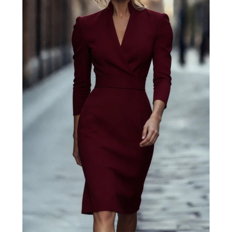🌸Stor rea – 50 % rabatt💖Elegant figursydd klänning med ståkrage och V-ringning