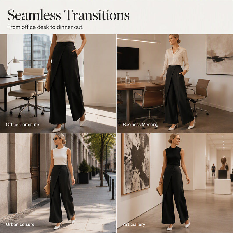 Asymmetriska byxor med hög midja för damer i wrap-stil