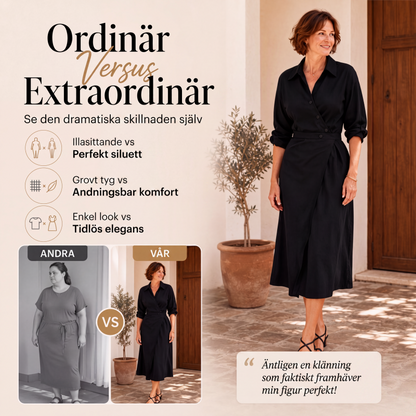 Kvinnlig omlottande midlång skjortklänning med krage och fickor