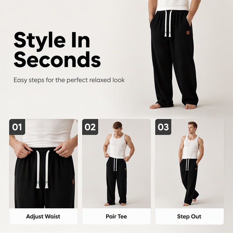 👖💨 Casual-joggingbyxor för män med vida ben – 50 % rabatt! Mjukt tyg, avslappnad passform, justerbar midja – bekväm streetwear för vardagen.💪