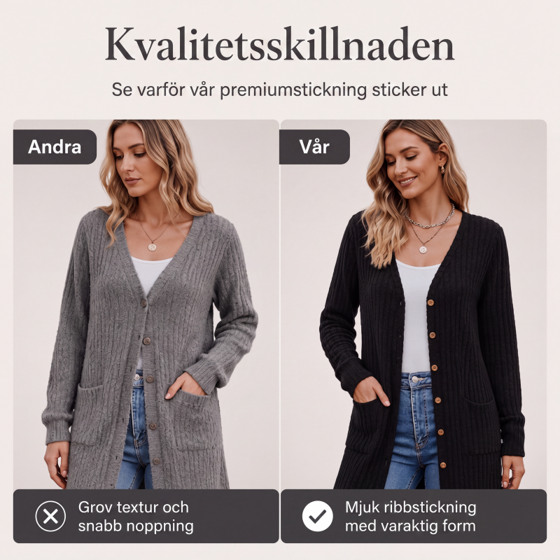 Midjelång stickad kofta med fickor