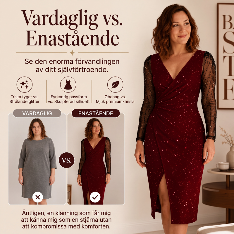 Glittrande bodycon-klänning för kvinnor med nätärmar
