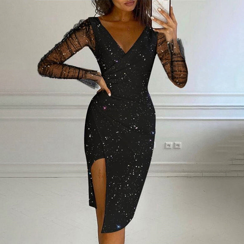 Glittrande bodycon-klänning för kvinnor med nätärmar