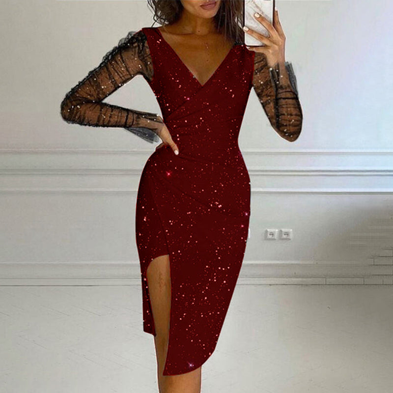 Glittrande bodycon-klänning för kvinnor med nätärmar