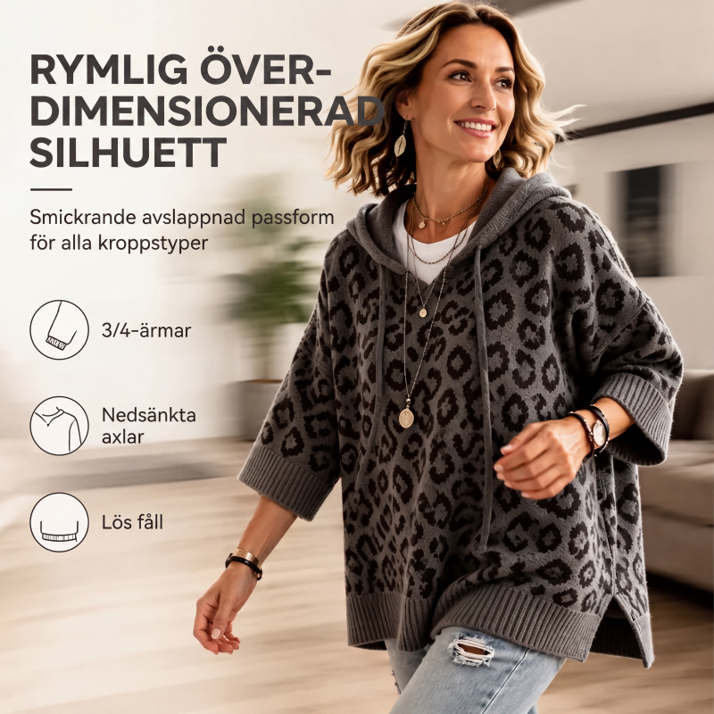 Stickad huvtröja med leopardmönster för kvinnor