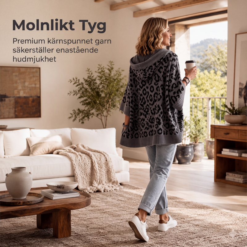 Stickad huvtröja med leopardmönster för kvinnor