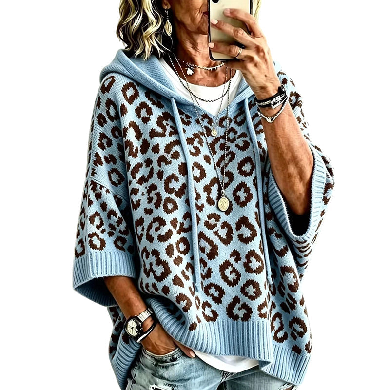 Stickad huvtröja med leopardmönster för kvinnor