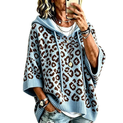 Stickad huvtröja med leopardmönster för kvinnor