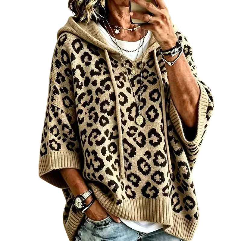 Stickad huvtröja med leopardmönster för kvinnor