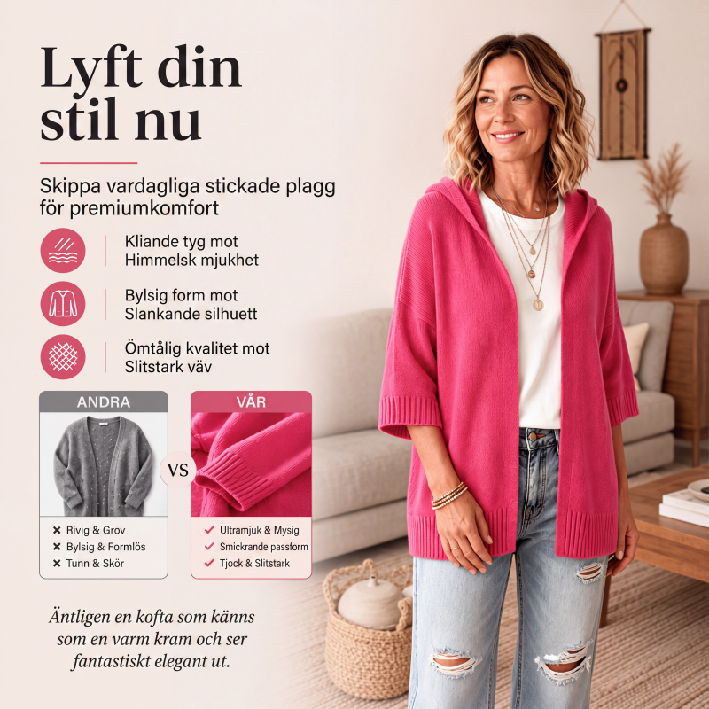 Kvinnors 3/4-ärmad stickad kofta med huva
