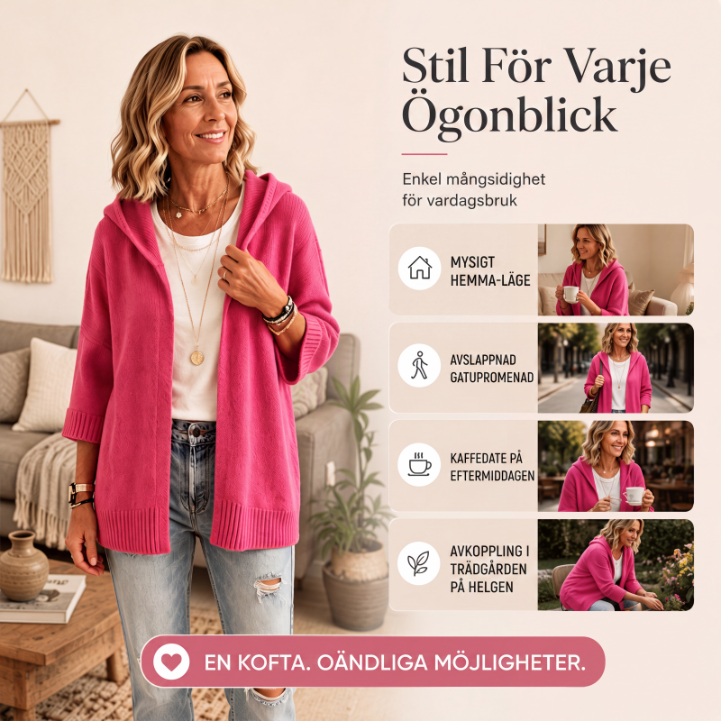 Kvinnors 3/4-ärmad stickad kofta med huva