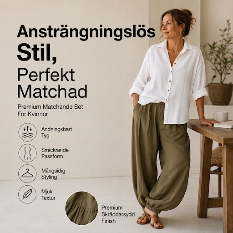 Damset med lös skjorta och draperade byxor