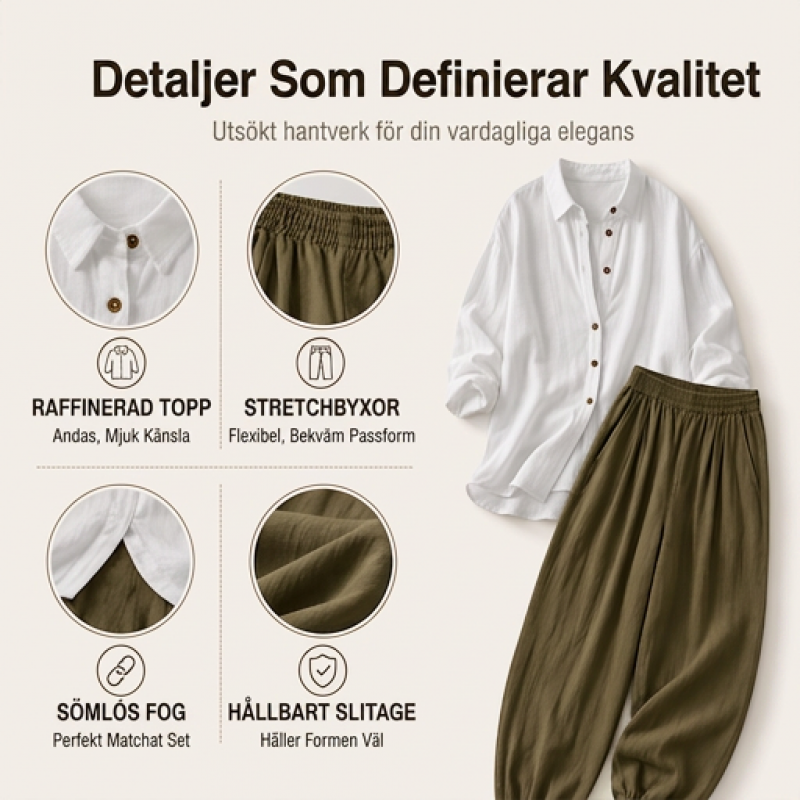 Damset med lös skjorta och draperade byxor